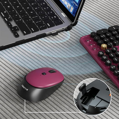 Colorful Wireless Computer Keyboards Mouse Combos, UBOTIE Polychrome Round Keycaps Retro PC Keyboards 2.4GHz Radio Frequency Connection with Optical Mouse(Black Claret)