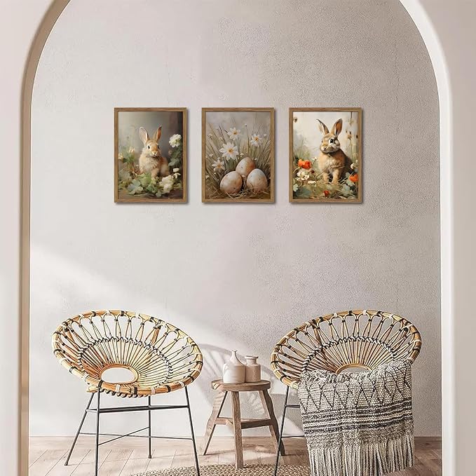 Vintage Easter Bunny Wall Art Set of 3, Spring Easter Rabbit Eggs Canvas Wall Decor Paintings, Rustic Farmhouse Animal Artwork Prints Pictures for Living Room Bedroom Bathroom 16x24 Inch Framed