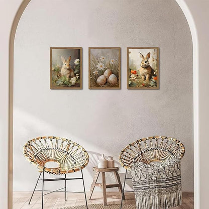 Vintage Easter Bunny Wall Art Set of 3, Spring Easter Rabbit Eggs Canvas Wall Decor Paintings, Rustic Farmhouse Animal Artwork Prints Pictures for Living Room Bedroom Bathroom 12x16 Inch Framed