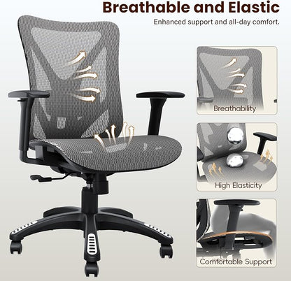 Ergonomic Office Chair, Mesh Computer Desk Chairs with Adjustable Lumbar Support, 3D Armrest, Tilt Function, Comfy Wide Seat, Executive Work Task Chair for Company & Home, Gaming Chair (Grey)