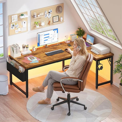 DurayLoly 63" L Shaped Desk with Power Outlets and LED Lights, Reversible Corner Home Office Desk, 0.95" Thick Desktop 220 lbs Capacity, Computer Gaming Desk for Bedroom Study, Brown
