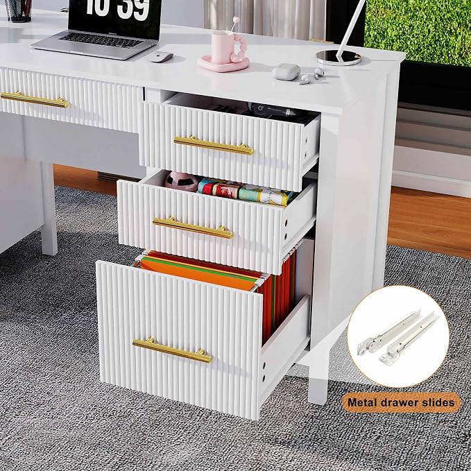 White Executive Desk with Drawers: 54" Wood Computer Desk with File Drawer, Modern Home Office Desks with Storage, Fluted Writing Desks for Working, Studying (White, 54")