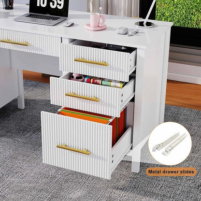 White Executive Desk with Drawers: 54" Wood Computer Desk with File Drawer, Modern Home Office Desks with Storage, Fluted Writing Desks for Working, Studying (White, 54")