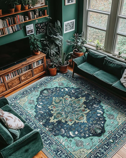 RELEANY Area Rugs Large 9'x12' Washable Non-Slip, Floral Vintage Distress Medallion Carpet for Living Room Bedroom Dining Room, Teal Green Lake Blue Turquoise