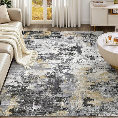 UERMEI 8x10 Area Rug for Living Room - Washable Neutral Modern Abstract Carpet, Non-Slip Soft Large Indoor Floor Rugs for Bedroom Home Office & Under Dining Table Decor, Black/White/Gold