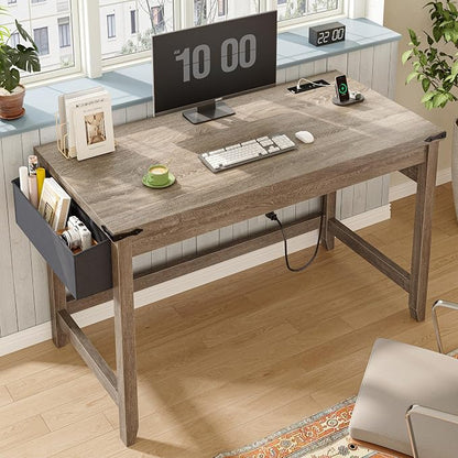 EnHomee 40 Inch Small Desk with Storage Bag Detachable,Study Desk with Power Outlet, Modern Simple Home Vanity Desk and Writing Desk for Small Spaces, Bedroom,Ash Gray