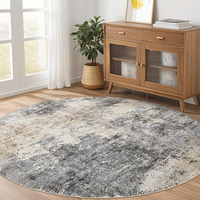 Round Rug Living Room Rugs: 5x5 Washable Circle Large Abstract Modern Soft Stain Resistant Non-Slip Indoor Floor Carpet for Bedroom Nursery Office Dining Room Dorm Home House- Grey Brown