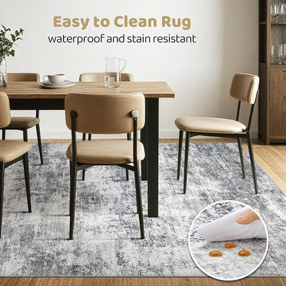 8x10 Area Rugs Living Room: Washable Large Abstract Neutral Modern Soft Rugs Stain Resistant Indoor Floor Non-Slip Accent Carpet for Bedroom Nursery Playroom Office Dining Room Home Decor- Blue Gray