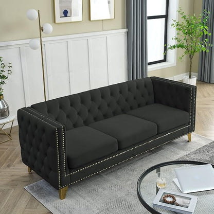 mikibama 80.5" Velvet 3 Seater Sofa Couch for Living Room,Button Tufted 3-Seat Couches with Nailhead Trims,Modern Upholstered Sofas with Golden Metal Legs for Bedrooom,Office