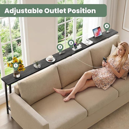 GRLEAF 90" Sofa Table with Built-in Power Strip (4 AC Outlets & 4 USB Ports) – 4.9ft Power Cord, Metal Frame, Easy Assembly, Long Couch Table Behind Sofa, Living Room and Home Office | Charcoal Gray