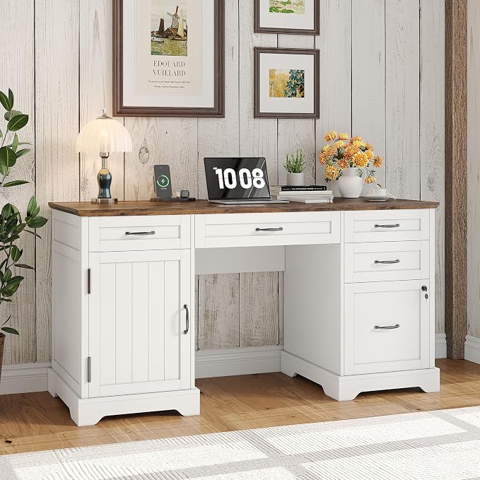 Whalefall 55'' Farmhouse Desk Home Office with Drawers, White | Executive Computer Desk with File Cabinet and Charging Station, Wooden Small Desk with Locking Drawers Storage