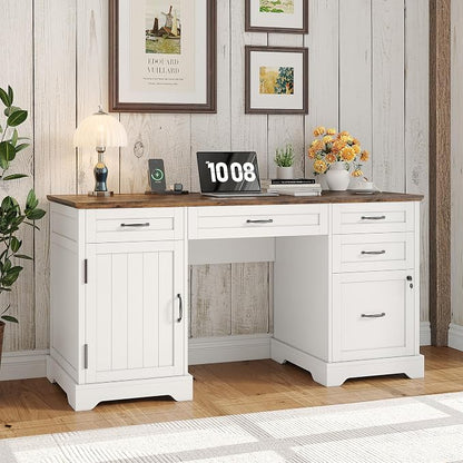 Whalefall 55'' Farmhouse Desk Home Office with Drawers, White | Executive Computer Desk with File Cabinet and Charging Station, Wooden Small Desk with Locking Drawers Storage