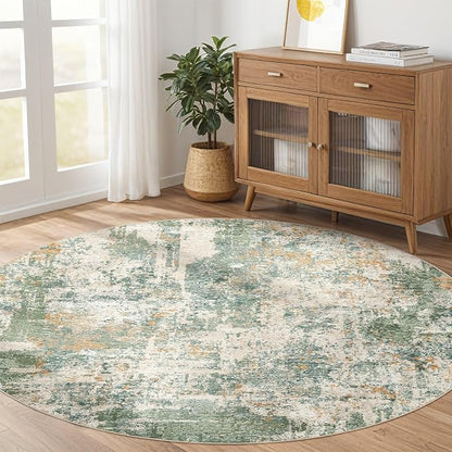 5ft Round Rug Living Room Rugs: 5x5 Washable Circle Large Abstract Modern Soft Stain Resistant Non-Slip Indoor Floor Carpet for Bedroom Nursery Office Dining Room Playroom Home House- Green