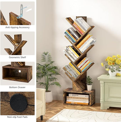 Hoctieon 6 Tier Tree Bookshelf, Tall Bookcase with Drawer, Freestanding Book Shelf, Display Floor Standing Storage Shelf, Book Organizer Shelves for Home Office, Rustic Brown