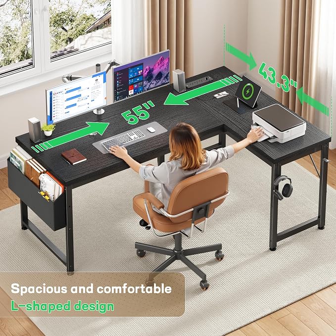DurayLoly 55" 0.95 Thicker L Shaped Computer Desk for Home Office, Black | Gaming Desk with Power Outlets & LED Lights,Computer Desk for 2 Monitors ,Reversible Corner Desk,220 lbs,Bedroom,Home Office