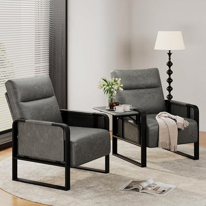 Alunaune Upholstered Living Room Chair Armchair, Mid Century Faux Leather Metal Accent Chair, Reception Couch Office Guest Chair Slipper Club Lounge Single Sofa with Sidetable for Bedroom-Grey