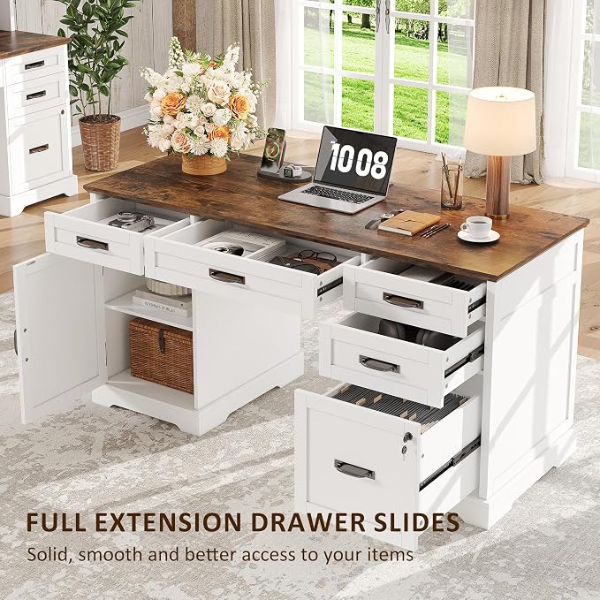 Whalefall 55'' Farmhouse Desk Home Office with Drawers, White | Executive Computer Desk with File Cabinet and Charging Station, Wooden Small Desk with Locking Drawers Storage