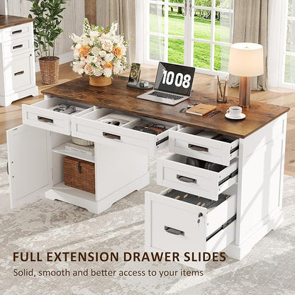 Whalefall 55'' Farmhouse Desk Home Office with Drawers, White | Executive Computer Desk with File Cabinet and Charging Station, Wooden Small Desk with Locking Drawers Storage