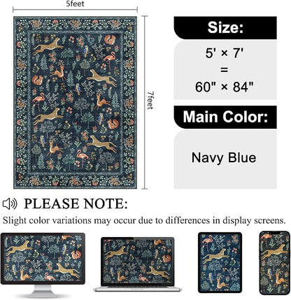 DUKINO 5x7 Rug, Washable Animal Living Room Rug with Non Slip Vintage Design, Soft Low Pile Large Carpet for Bedroom, Nursery, Dining Room, Farmhouse, Playroom, Navy Blue