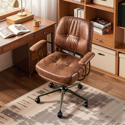 HOOOWOOO Ergonomic Office Chair,Mid Century Modern Computer Desk Chair,Comfy Executive Chair with Extra Wide Tufted Cloudy Seat Lumbar Support Rocking Back,Suede Leather Dark Brown