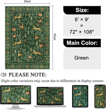 DUKINO 6x9 Rug, Washable Animal Living Room Rug with Non Slip Vintage Design, Soft Low Pile Large Carpet for Bedroom, Nursery, Dining Room, Farmhouse, Playroom, Green