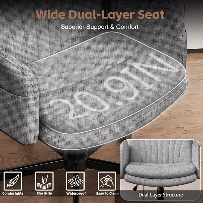 Vonesse Criss Cross Office Chair with Wheels & Armrests, Height Adjustable Vanity Chair, Makeup Chairs with Side Pockets Design, Comfortable Computer Desk Chairs for Home (Linen Fabric,Gray)