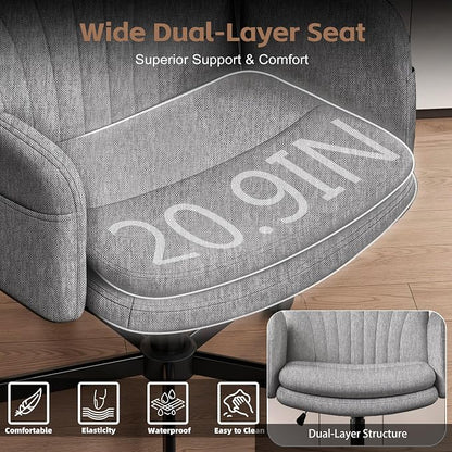Vonesse Criss Cross Office Chair with Wheels & Armrests, Height Adjustable Vanity Chair, Makeup Chairs with Side Pockets Design, Comfortable Computer Desk Chairs for Home (Linen Fabric,Gray)