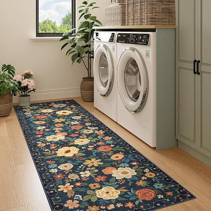 DUKINO Runner Rug, 2x7 Boho Kitchen Rug for Hallways with Low Pile Design, Washable Non Slip Backing Soft Floral Runner for Kitchen, Hallway, Entryway, Bedroom, Laundry, Navy Blue