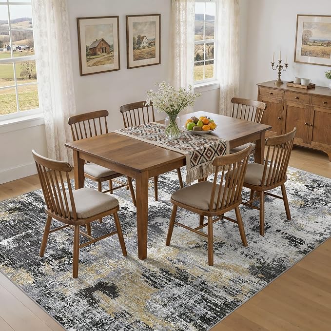 UERMEI 6x9 Area Rug for Living Room - Washable Neutral Modern Abstract Carpet, Non-Slip Soft Large Indoor Floor Rugs for Bedroom Home Office & Under Dining Table Decor, Black/White/Gold