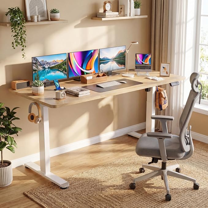 Electric Standing Desk 70 x 27 Inches Adjustable Height Sit Stand Up Desk for Home Office Computer Desk Memory Preset with Wheels, Oak