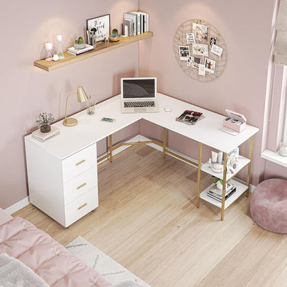 Techni Mobili L Shaped Desk - Two-Toned Computer Desk with Drawers & Storage Shelves - Simple Modern Furniture & Home Office Space Corner Table for Work & Writing