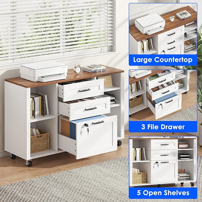 kepptory 3 Drawer Wood Mobile Large lateral File Cabinet with Lock, Lockable Rolling Filing Cabinet with Open Storage Shelves, Printer Stand Office Storage for Home Office Fits Files Legal/A4, White