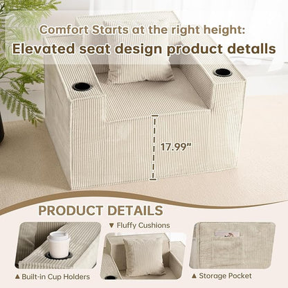 Cloud Single Sofa,Chaise Lounge Chair with Cup Holder & Side Pocket,Elevated Seat Height,No Assembly Required,Boneless Corduroy Chair for Small Space,Bedroom,Office (White, Single Sofa)