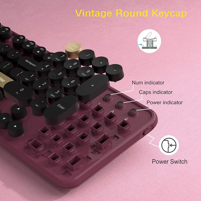 Links9+ Retro Wireless Keyboard and Mouse Combo, 104-Key Full-Size Floating Round Keycaps, 2.4G Plug & Play, USB & Type-C Ready, Ergonomic Set for Mac, Laptop, PC, Windows (Burgundy-Black)
