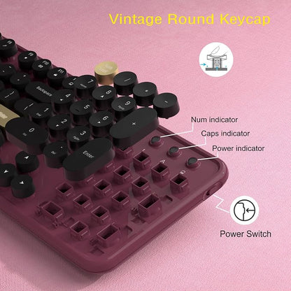 Links9+ Retro Wireless Keyboard and Mouse Combo, 104-Key Full-Size Floating Round Keycaps, 2.4G Plug & Play, USB & Type-C Ready, Ergonomic Set for Mac, Laptop, PC, Windows (Burgundy-Black)