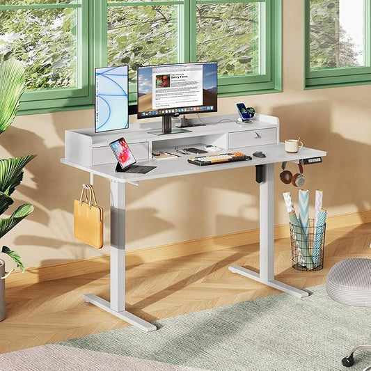 DEVAISE 48 Inch Electric Standing Desk with Shelf, Adjustable Computer Desk for Home Office, with LED Touchscreen，Headphone Hook, 3 Memory Preset, with One-Piece Desktop, White