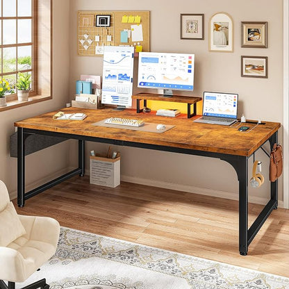 DurayLoly 55 x 24 inch Desk, 24mm Thick Heavy Duty Computer Desk with RGB LED & Power Outlets, Gaming Desk with Detachable Stand, 150LBS Load Capacity, Work Gaming Desk for Home Office, Brown