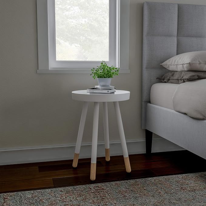 Lavish Home Round End Table – 2-Tone Mid-Century Modern Home Accent Table with Tray Top for Living Room, Bedroom, or Office (White)