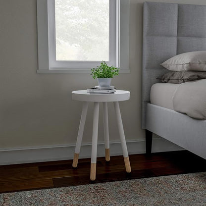 Lavish Home Round End Table – 2-Tone Mid-Century Modern Home Accent Table with Tray Top for Living Room, Bedroom, or Office (White)