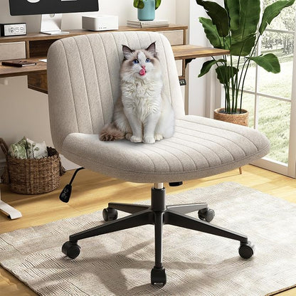 SUNLEI Cross Legged Office Chair with Wheels, Armless Wide Chair's for Vanity Desk, Criss Cross Comfy Chairs with Back, Desk Chair/s of Height Adjustable Swivel, White