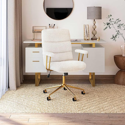 Elegant White and Gold Fuzzy Office Chair with Textured Boucle Fabric, Modern Desk Chair with Padded Seat, Height Adjustable with Durable Gold Base