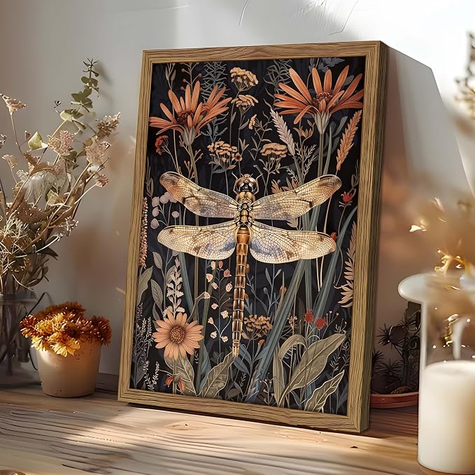 Vintage Framed Dragonfly Wall Art, Dark Academia Insect Art Print, Modern Farmhouse Wall Decor, Botanical Floral Canvas, Rural Dragonfly Painting Artwork for Bedroom Living Room 16x24 inch