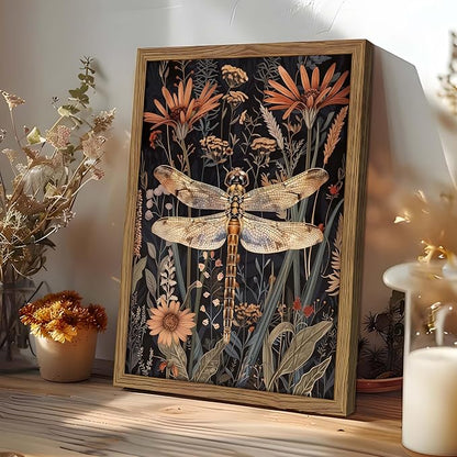 Vintage Framed Dragonfly Wall Art, Dark Academia Insect Art Print, Modern Farmhouse Wall Decor, Botanical Floral Canvas, Rural Dragonfly Painting Artwork for Bedroom Living Room 16x24 inch