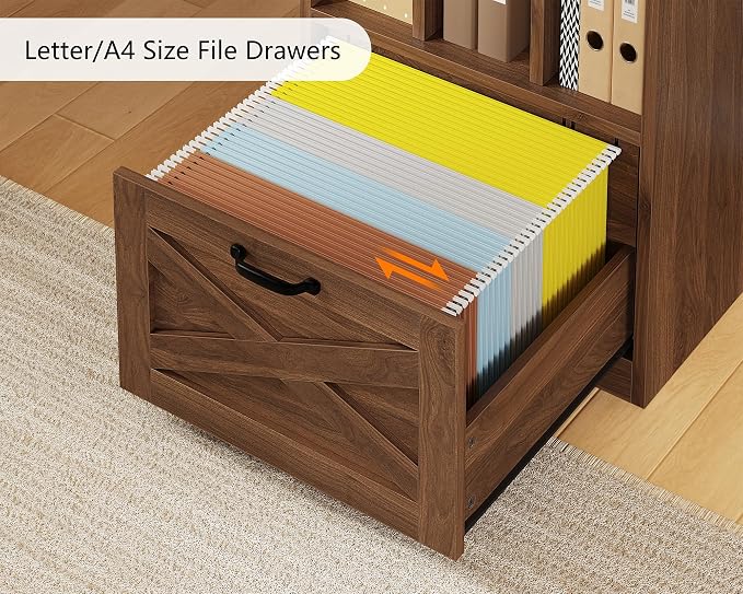 YOMILUVE 63" L Shaped Desk with Drawers, Farmhouse Corner Computer Desk with Power Outlets, Storage Cabinet, Home Office Executive Desk with Long Monitor Stand, Brown