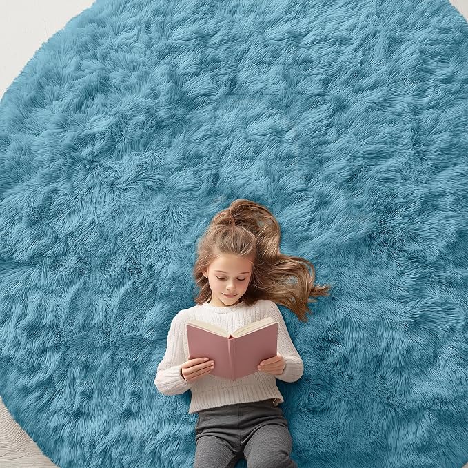 OLANLY Slate Blue Round Rugs for Bedroom - Machine Washable, 6 ft Circle Area Rugs for Living Room, Soft and Fluffy Shaggy Carpet for Teen Girl and Boys, Nursery Rooms, Dorms, Home Decor Aesthetic