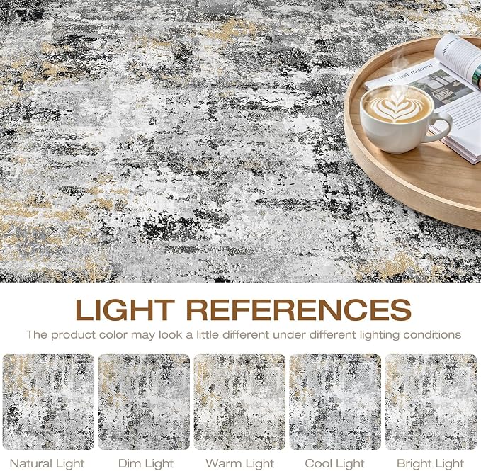 8x10 Area Rugs Living Room: Washable Large Abstract Neutral Modern Soft Rug Stain Resistant Indoor Floor Non-Slip Accent Carpet for Bedroom Nursery Playroom Dining Room Office Dorm Home- Black Gold