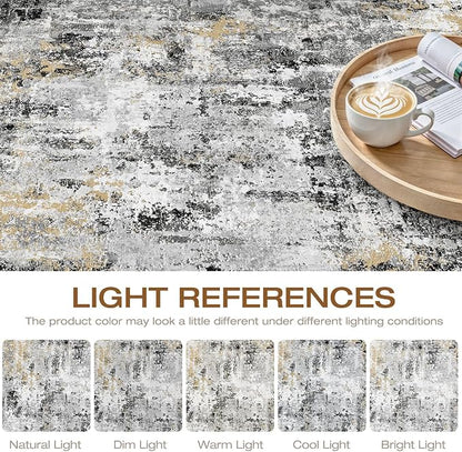 8x10 Area Rugs Living Room: Washable Large Abstract Neutral Modern Soft Rug Stain Resistant Indoor Floor Non-Slip Accent Carpet for Bedroom Nursery Playroom Dining Room Office Dorm Home- Black Gold
