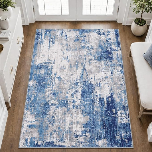 RELEANY Washable Area Rugs 3'x5' Non-Slip Modern Abstract Soft for Living Room Entryway Bedroom Kitchen, Print Pattern, Blue Grey Navy Gray