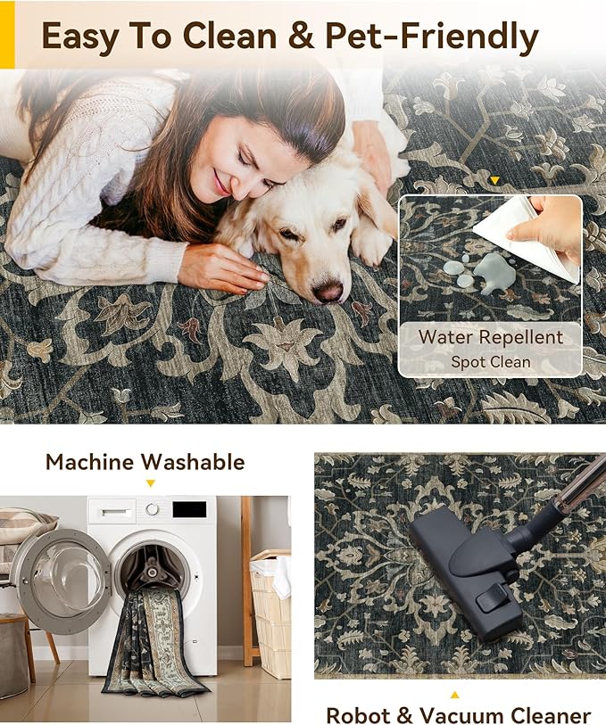RELEANY Area Rugs Large 9'x12' Washable Non-Slip, Floral Vintage Distress Medallion Carpet for Living Room Bedroom Dining Room, Vintage Black Brown Neutral