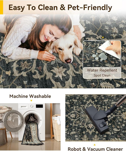 RELEANY Area Rugs Runner 2'x6' Washable Non-Slip, Floral Vintage Distress Medallion Carpet for Kitchen Hallway Bedroom Beside Laundry Room Bathroom, Vintage Black Brown Neutral